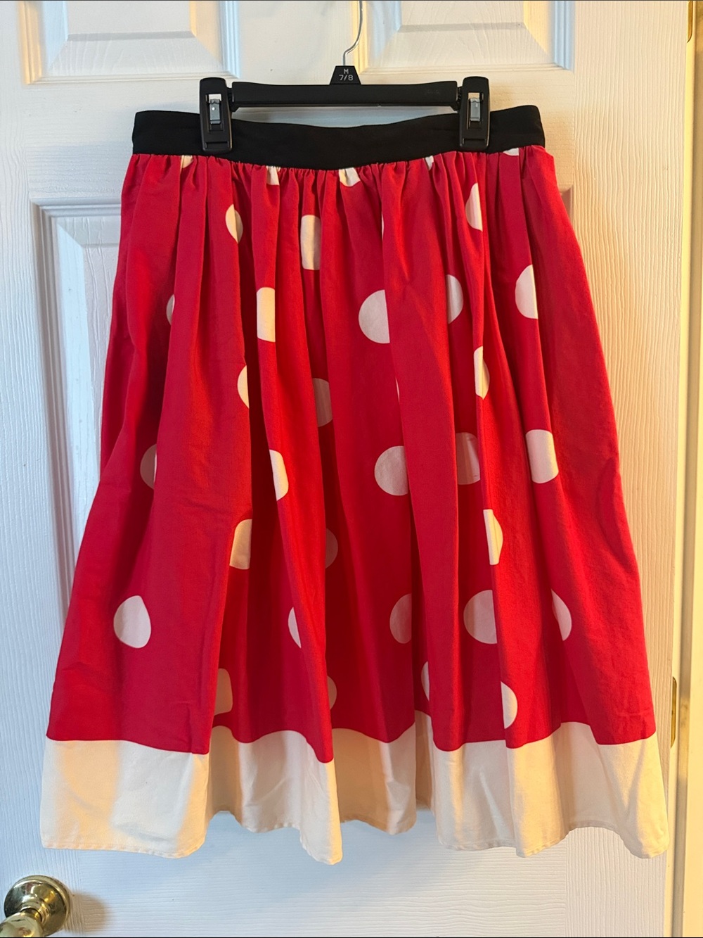 Unique Vintage Red Polka Dot Skater Skirt with Black Waistband and White Hem